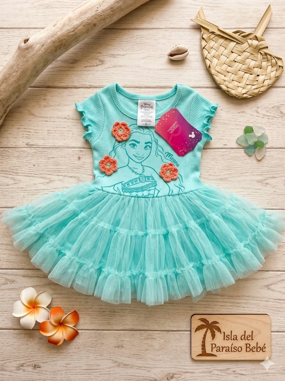 Disney Aqua Moana Tulle Ruffle Dress with Coral Flower Accents